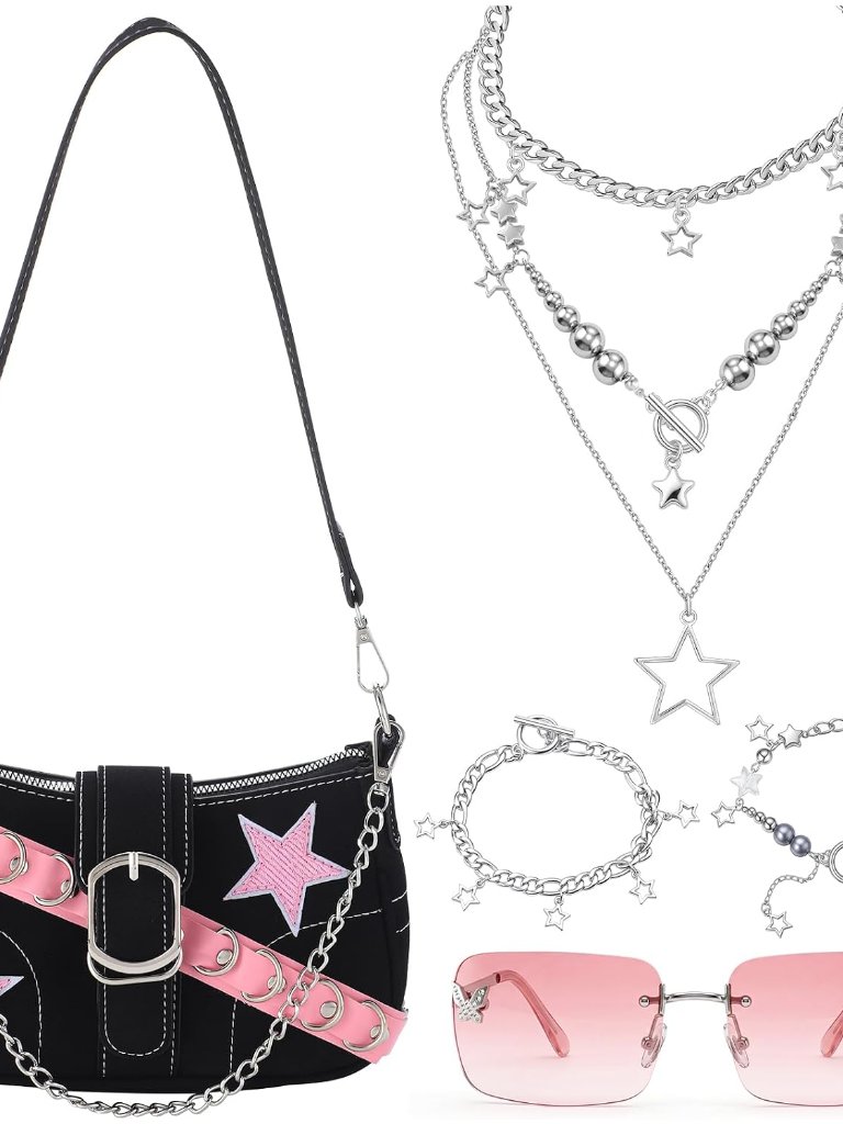 5 Pcs Y2k Punk Style Accessories Set 2000s Black Purse Star Fringe Necklace Brac